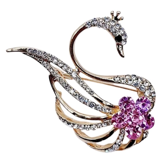 Swan-Shaped Brooch with Rhinestones on a Gold Color Alloy Base - Purple - Picture 3 of 6